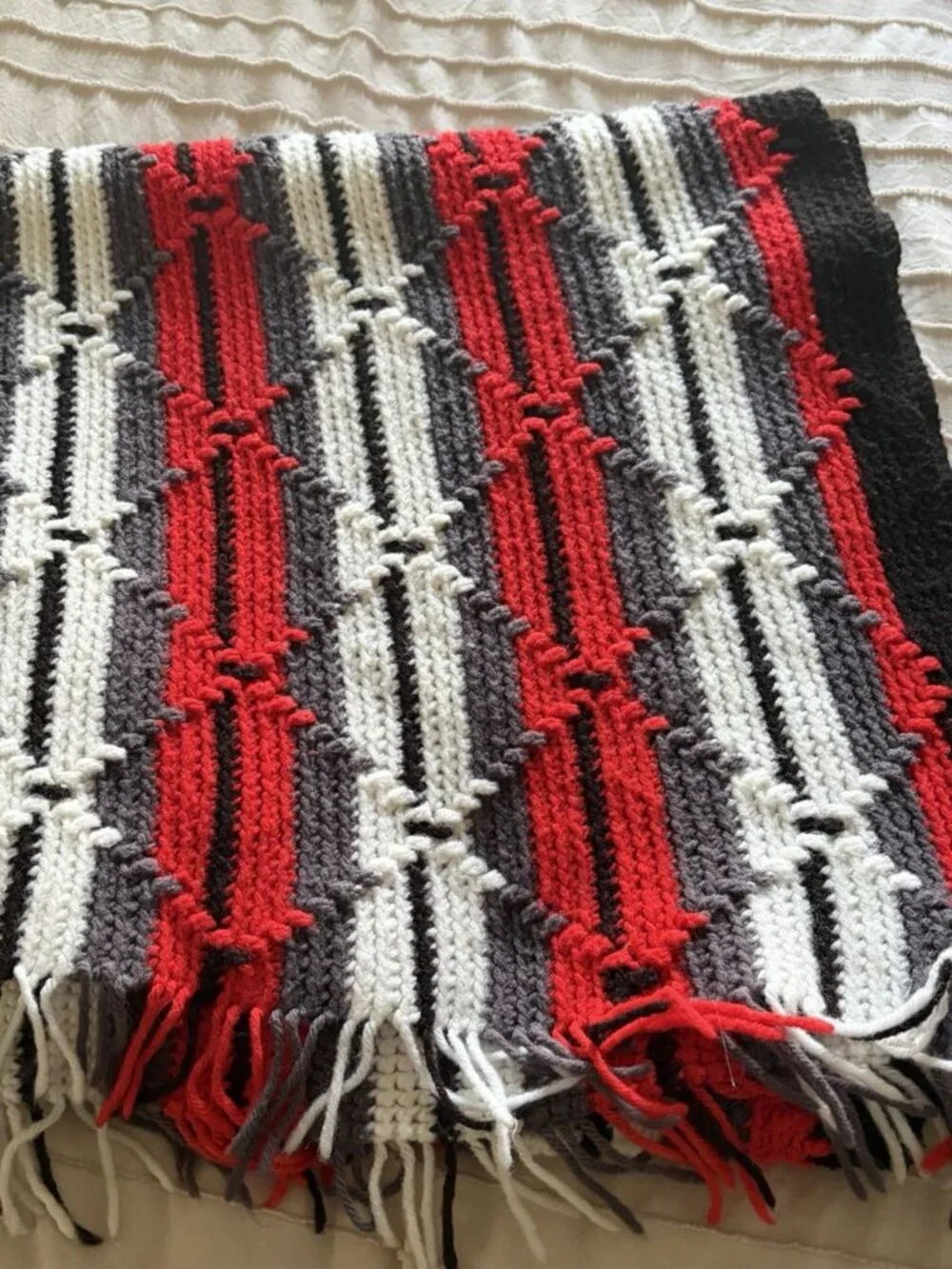 Vintage Hand Made Black White Red Gray Afghan Blanket Throw Fringe 81”x 52”